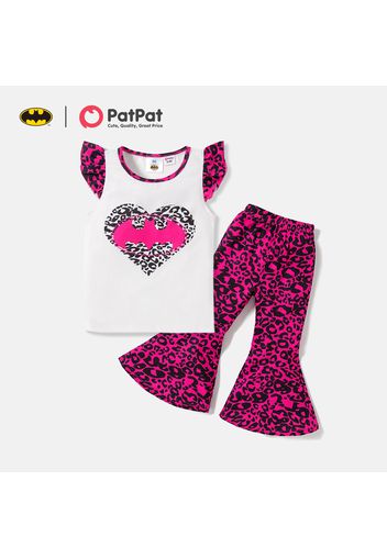 Batman 2pcs Toddler Girl Heart Print Flutter-sleeve Tee and Leopard Print Flared Pants Set