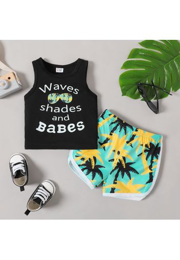 2pcs Baby Girl Letter Print Tank Top and All Over Coconut Tree Print Shorts Set