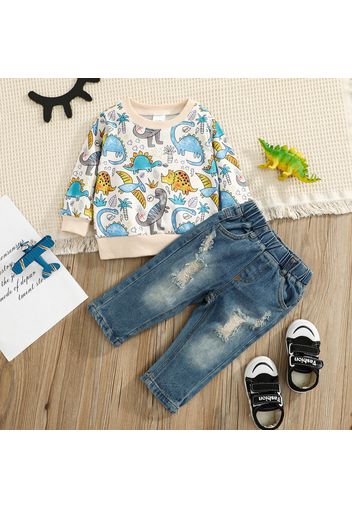 2pcs Baby All Over Dinosaur Print Long-sleeve Pullover and Ripped Jeans Set