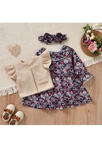 3pcs Baby Girl All Over Floral Print Ruffle Long-sleeve Dress and Solid Knitted Top Set