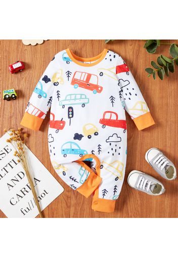 Baby Boy Striped/Cartoon Car Print Colorblock Long-sleeve Jumpsuit