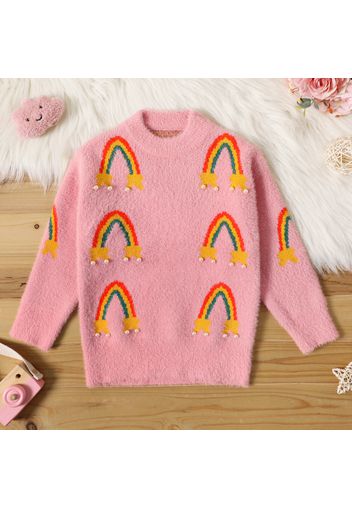 Kid Girl Rainbow Pattern Pearl Denim Fuzzy Sweater