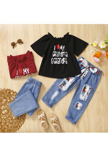 2-piece Toddler Girl Letter Print Ruffled Off Shoulder Short-sleeve Red Tee and Floral Print Bowknot Design Ripped Denim Jeans Set