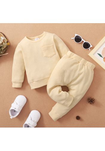 2-piece Toddler Boy/Girl Waffle Solid Color Pocket Design Long-sleeve Top and Pants Set