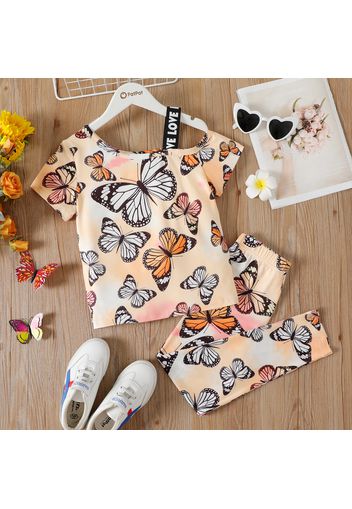 2pcs Kid Girl Butterfly Print Tie Dyed One Shoulder Short-sleeve Tee and Leggings Set