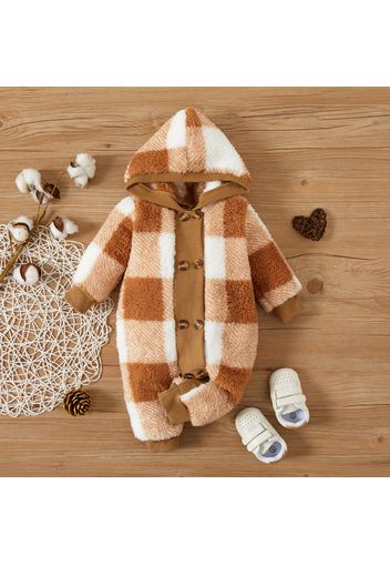 Brown Plaid Thickened Fleece Double Breasted Long-sleeve Hooded Baby Jumpsuit