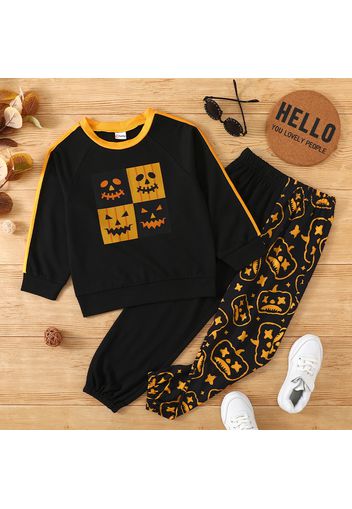 2-piece Kid Boy Halloween Pumpkin Print Pullover and Elasticized Colorblock Pants Set