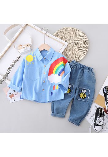 2-piece Toddler Boy Sun Rainbow Print Button Design Shirt and Bee Embroidered Denim Jeans Set