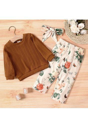 3pcs Baby Girl Solid Long-sleeve Cable Knit Pullover and All Over Floral Print Trousers Set