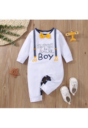 Baby Boy Bow Tie Decor Letter Print White Long-sleeve Jumpsuit