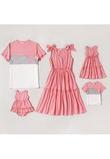 Solid Pink Family Matching Sets（Sleeveless Tiered Dress and Colorblock Short-sleeve T-shirts）