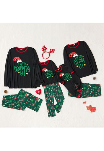 Christmas Elf Hat and Letter Print Black Family Matching Long-sleeve Pajamas Sets (Flame Resistant)