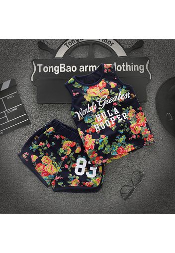 2pcs Toddler Boy Casual Floral Letter Print Tank Top and Shorts Set