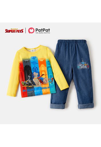 Super Pets 2pcs Kid Boy Colorblock Long-sleeve Tee and Cotton Denim Jeans Set