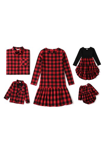 Christmas Red Plaid Family Matching Long-sleeve Dresses and Shirts Sets