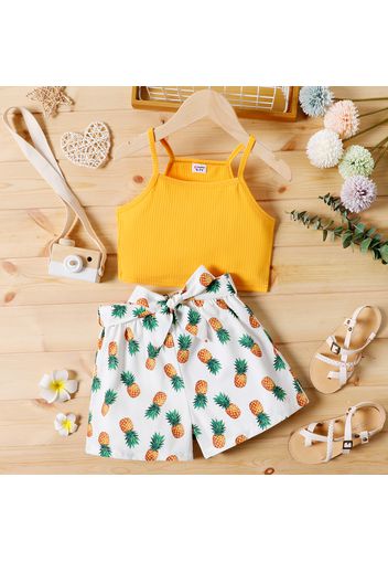 2pcs Kid Girl Ribbed Yellow Camisole and Pineapple Print Belted Shorts Set