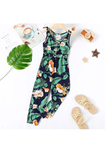 Kid Girl Floral Print Bowknot Design Sleeveless Jumpsuit