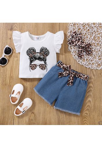 3pcs Baby Girl 95% Cotton Flutter-sleeve Figure Print Tee and Leopard Belted Frayed Denim Shorts with Headband Set