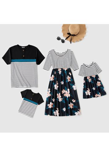 Family Matching Stripe Floral Splice Half-sleeve Dresses and Colorblock Short-sleeve T-shirts Sets