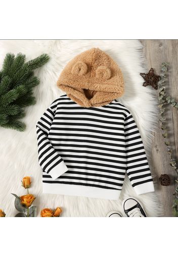 Toddler Boy Stripe/Solid Color Ear Design Fuzzy Hoodie Sweatshirt