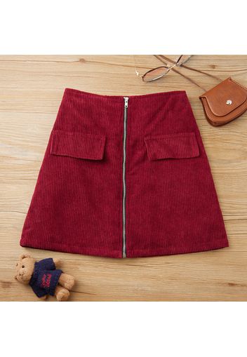 Kid Girl Solid Color Zipper Design Corduroy Skirt