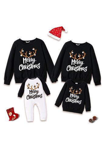 Christmas Antlers and Letter Print Black Family Matching 100% Cotton Long-sleeve Sweatshirts