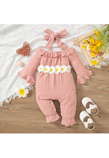 2pcs Baby Girl Applique Decor Pink Textured Ruffle Trim Bell-sleeve Jumpsuit with Headband Set