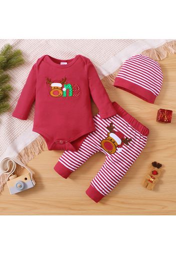 Christmas 3pcs Cartoon Reindeer Embroidered Solid Long-sleeve Romper and Striped Trousers Set