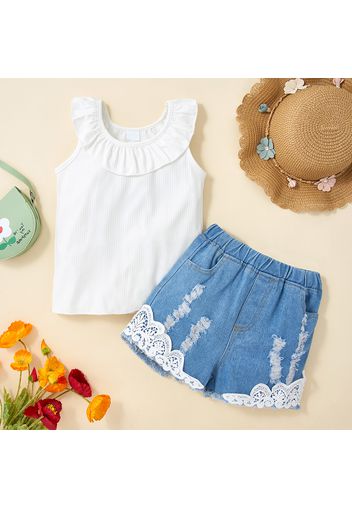 2-piece Kid Girl Flounce Sleeveless White Tee and Lace Design Ripped Denim Shorts Set