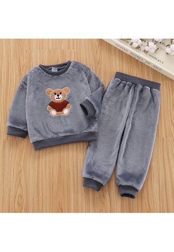 2-piece Toddler Girl/Boy Bear Embroidered Fuzzy Pullover and Solid Pants Set