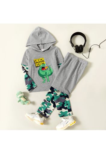 2-piece Toddler Boy Letter Dinosaur Camouflage Print Hoodie and Faux-two Pants Set