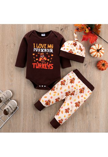 Thanksgiving Day 3pcs Baby Boy/Girl Letter and Cartoon Turkey Print Brown Long-sleeve Romper and Trousers Set