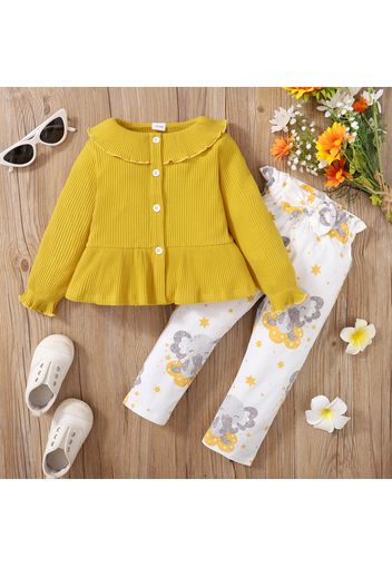 2-piece Toddler Girl Button Design Long-sleeve Ribbed Yellow Top and Koala Stars Print Paperbag Pants Set