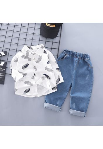 2-piece Toddler Boy Feather Print Button Design Shirt and Solid Pants Set