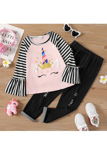 2-piece Kid Girl Unicorn Print Striped Long Bell sleeves Top and Ripped Denim Black Pants Set