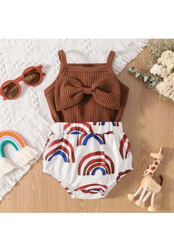 Baby Girl Brown Ribbed Bowknot Sleeveless Spaghetti Strap Splicing Rainbow Print Romper