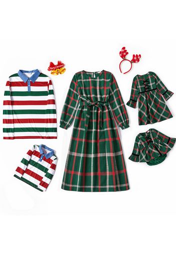 Christmas Family Matching Long-sleeve Plaid Dresses and Lapel Striped T-shirts Sets