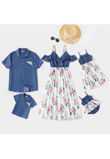 Mosaic Floral Print Denim Splice Family Matching Blue Sets