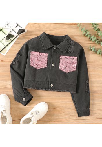 Kid Girl Sequined Pocket Lapel Collar Button Design Ripped Denim Jacket