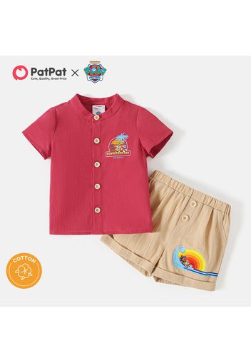 PAW Patrol 2pcs Toddler Boy 100% Cotton Letter Print Button Design Short-sleeve Red Shirt and Shorts Set