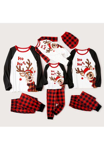 Christmas Reindeer and Red Plaid Print Long-sleeve Family Matching Pajamas Set (Flame Resistant)