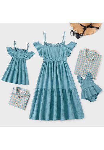 100% Cotton Solid and Plaid Family Matching Blue Sets