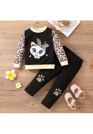 2pcs Toddler Girl Cat Leopard Print Pullover and Black Pants set