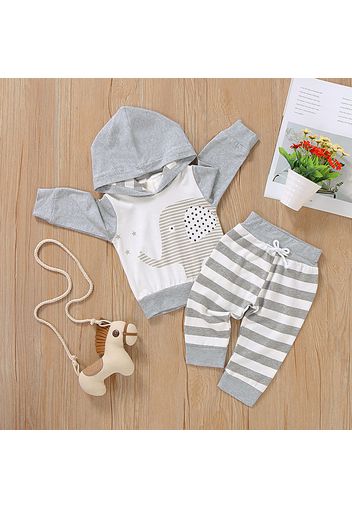 2pcs Striped Elephant Print Hooded Long-sleeve Baby Set