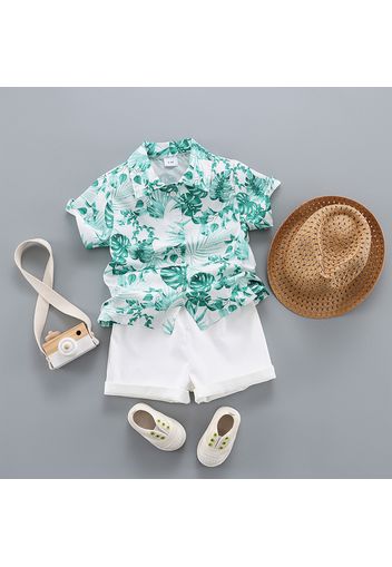 3pcs Toddler Boy Straw Hat and Floral Leaf Print Shirt & Shorts Set