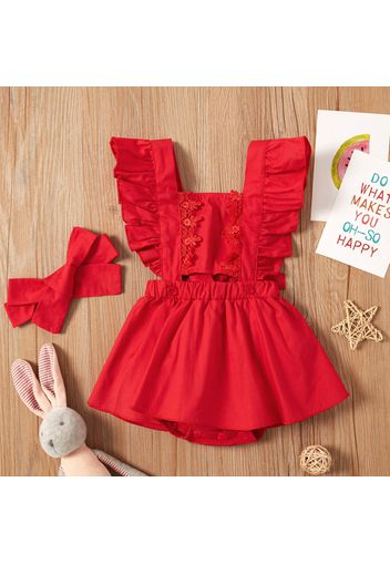 2pcs Solid Lace and Ruffle Decor Flutter-sleeve Red Baby Set