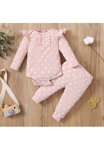 2pcs Cotton All Over Love Heart Print Baby Long-sleeve Ribbed Romper and Pants Set