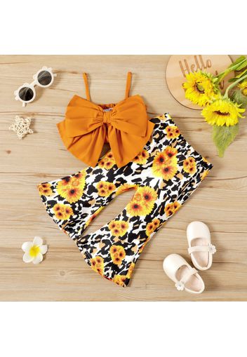 2pcs Baby Girl Spaghetti Strap Bowknot Crop Top and Sunflower Leopard Print Flared Pants Set