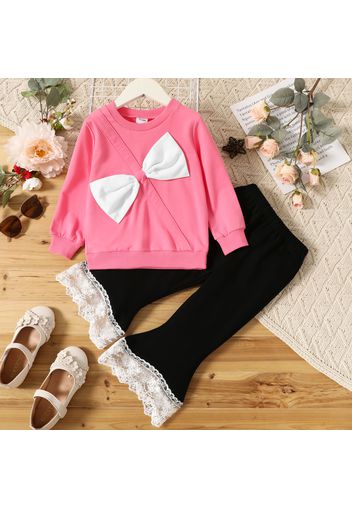 2-piece Toddler Girl Bowknot Design Pullover Sweatshirt and Lace Cuff Flared Pants Set