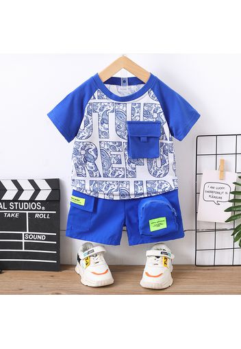 2pcs Toddler Boy Trendy Letter Print Pocket Design Tee and Shorts Set